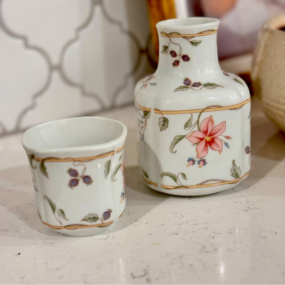 Andrea by Sadek Pink Floral Design Porcelain Vase/Water Carafe & Cup Set Japan